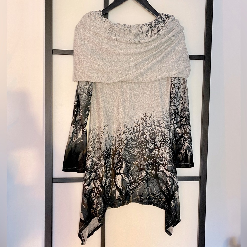 Grey Gothic Sweater Dress with Haunted Forest Design in Black